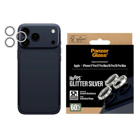Προστατευτικό φακού κάμερας Hoops για iPhone 17 Pro Max/17 Pro/16 Pro Max/16 Pro, Glitter Silver, PanzerGlass