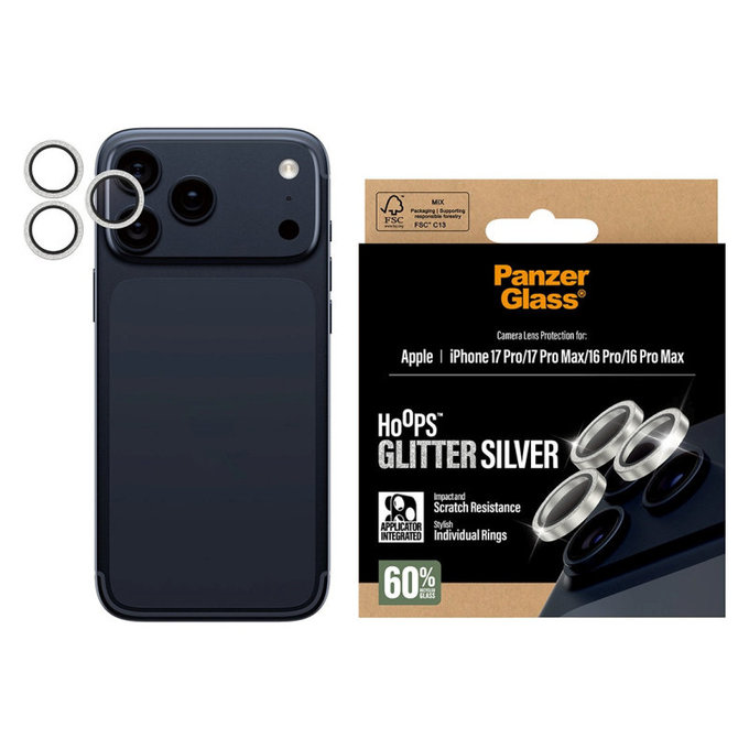 Προστατευτικό φακού κάμερας Hoops για iPhone 17 Pro Max/17 Pro/16 Pro Max/16 Pro, Glitter Silver, PanzerGlass
