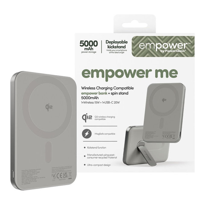 Ασύρματο PowerBank 5000 mAh, με περιστρεφόμενη βάση 20 W, συμβατό με MagSafe, Qi2/USB-C, Τιτάνιο, empower