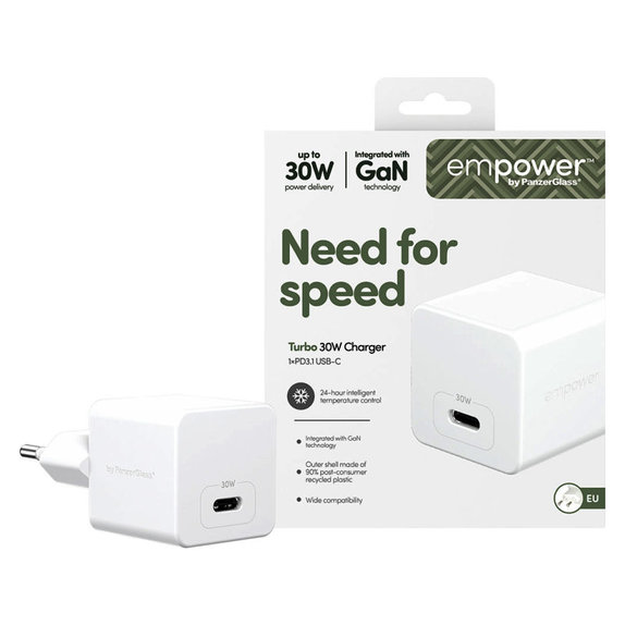 Αντάπτορας ταξιδιού Grand Prix USB-C, GaN, 30 W PD, ασημί-λευκό, empower