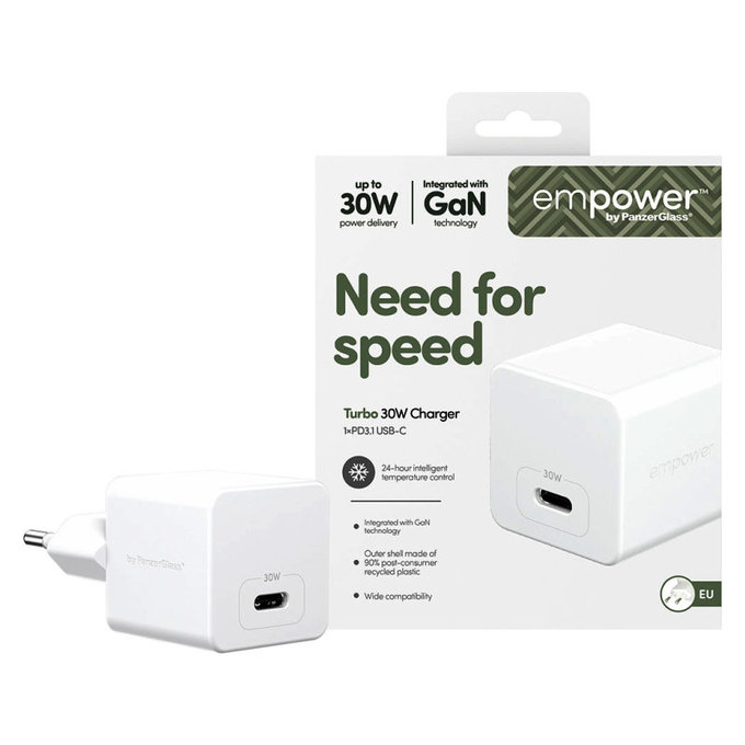 Αντάπτορας ταξιδιού Grand Prix USB-C, GaN, 30 W PD, ασημί-λευκό, empower