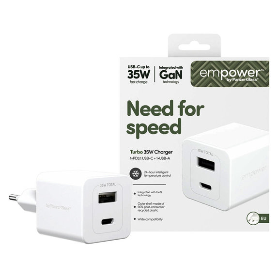 Αντάπτορας ταξιδιού Grand Prix USB-C/USB-A, GaN, 35 W PD, ασημί-λευκό, empower