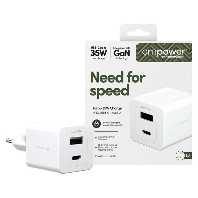 Αντάπτορας ταξιδιού Grand Prix USB-C/USB-A, GaN, 35 W PD, ασημί-λευκό, empower