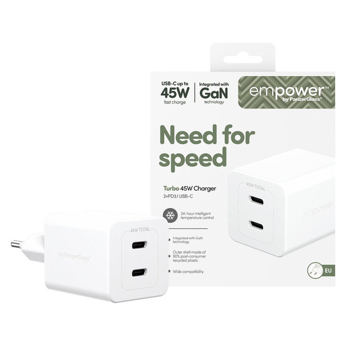 Ταξιδιωτικός αντάπτορας Grand Prix 2x USB-C, GaN, 45 W PD, Ασημί-λευκό, empower