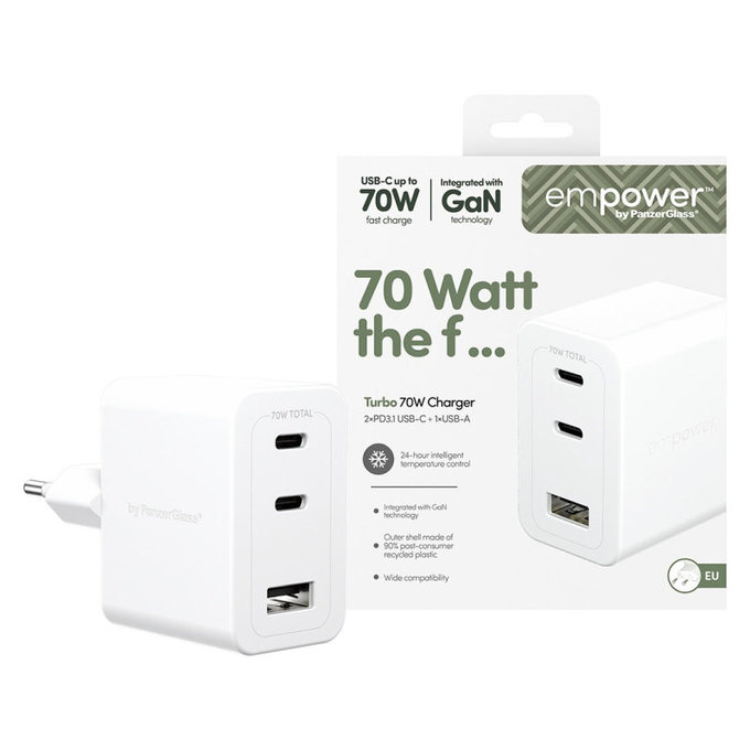 Ταξιδιωτικός αντάπτορας Grand Prix 2x USB-C/USB-A, GaN, 70 W PD, Ασημί-λευκό, empower