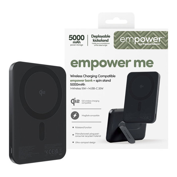 Ασύρματο PowerBank 5000 mAh με περιστρεφόμενη βάση, 20 W, συμβατό με MagSafe, Qi2/USB-C, Space Black, empower