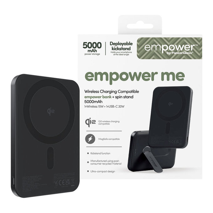 Ασύρματο PowerBank 5000 mAh με περιστρεφόμενη βάση, 20 W, συμβατό με MagSafe, Qi2/USB-C, Space Black, empower