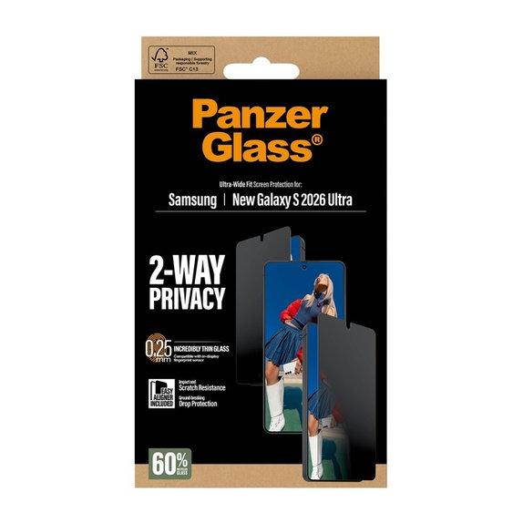 Σκληρυμένο γυαλί UWF 2-Way Privacy με εφαρμογέα για Samsung Galaxy S26 Ultra, διάφανο, clear, PanzerGlass