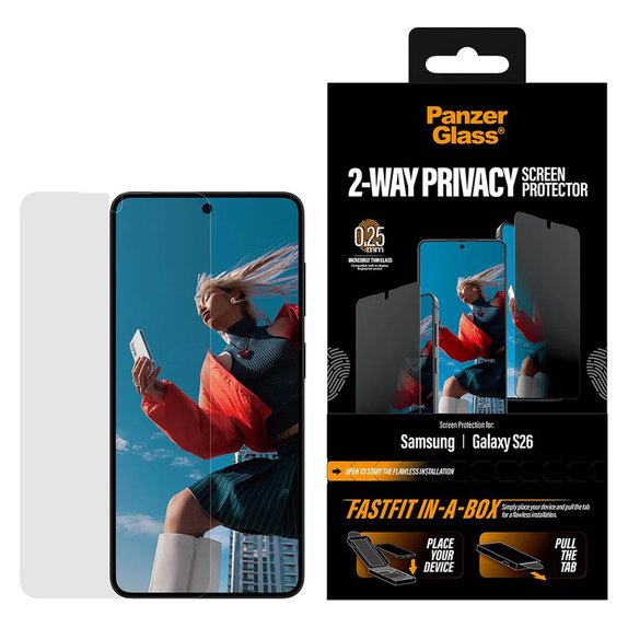 Σκληρυμένο γυαλί UWF 2-Way Privacy με FASTFIT In-A-Box για Samsung Galaxy S26, Διάφανο, PanzerGlass