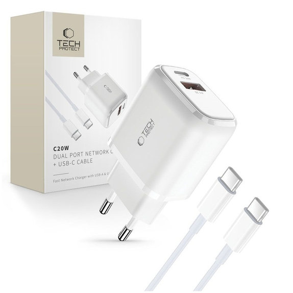 Φορτιστής δικτύου C20W 2-PORT PD 20W / QC3.0 + USB-C Cable, λευκή, Tech-Protect
