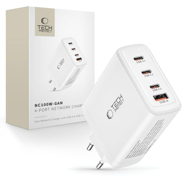 Φορτιστής δικτύου NC100W-GAN 4-PORT PD 100W / QC3.0, λευκή, Tech-Protect