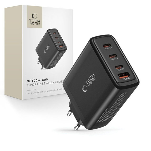Φορτιστής δικτύου NC100W-GAN 4-PORT PD 100W / QC3.0, μαύρη, Tech-Protect