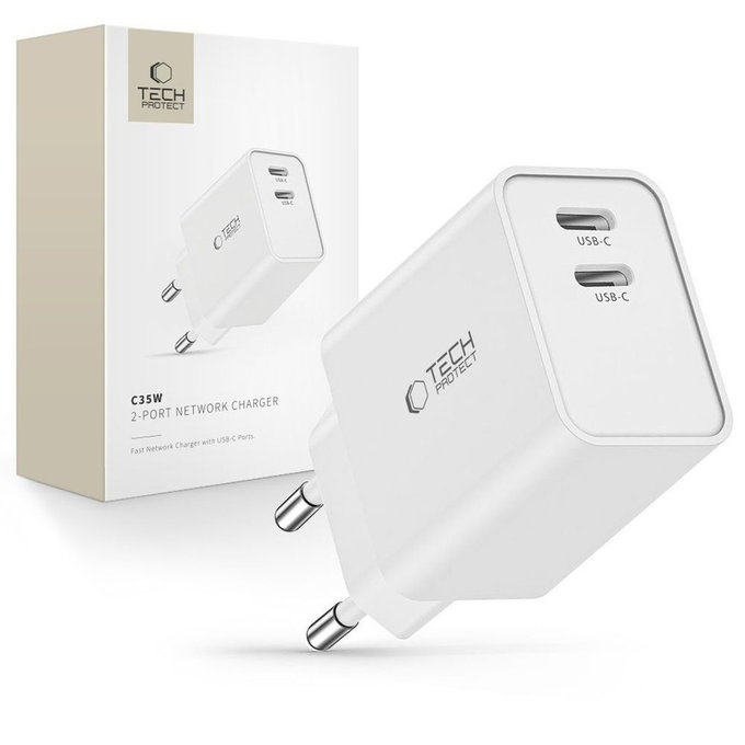 Φορτιστής δικτύου C35W 2-PORT PD 35W, λευκή, Tech-Protect