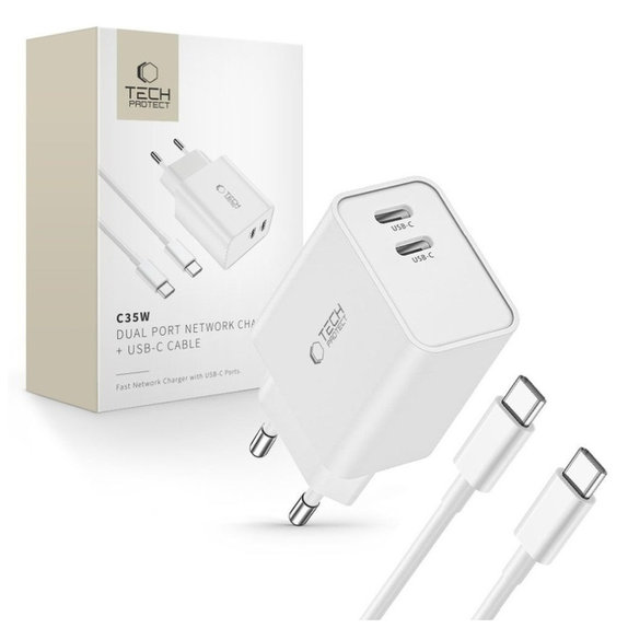 Φορτιστής δικτύου C35W 2-PORT PD 35W + USB-C Cable, λευκή, Tech-Protect