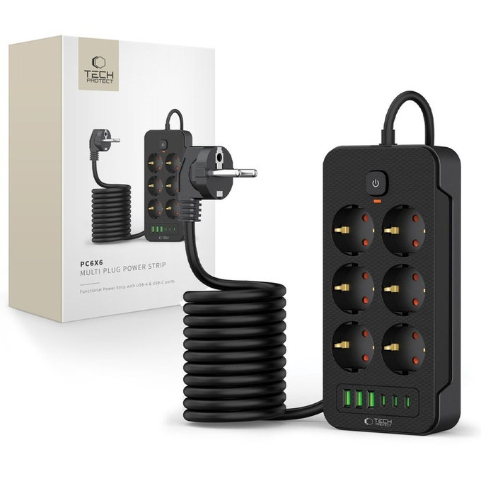 Φορτιστής δικτύου PC6X6 Power Strip 3 USB & 3 USB-C & 6 Socket 200cm, μαύρη, Tech-Protect