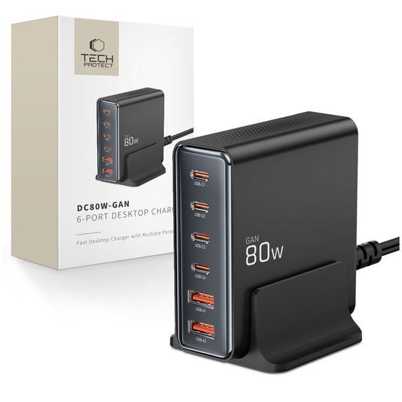 Φορτιστής δικτύου DC80W-GAN 6-PORT PD 80W / QC3.0, μαύρη, Tech-Protect