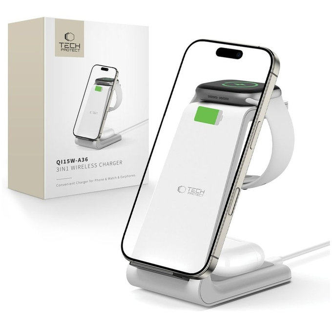 Ασύρματος φορτιστής QI15W-A36 3IN1 for Apple, λευκή, Tech-Protect