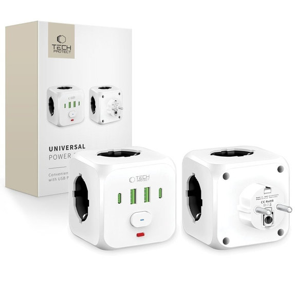 Φορτιστής δικτύου PCL3X4 Power Socket 2 USB & 2 USB-C & 3 Socket, λευκή, Tech-Protect