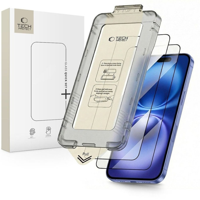 Σκληρυμένο γυαλί Quick Set+ 2-PACK για iPhone 15 / 16, μαύρη, Tech-Protect