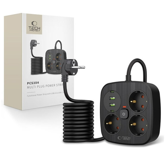 Φορτιστής δικτύου PCS3X4 Power Strip 2 USB & 2 USB-C & 3 Socket 200cm, μαύρη, Tech-Protect