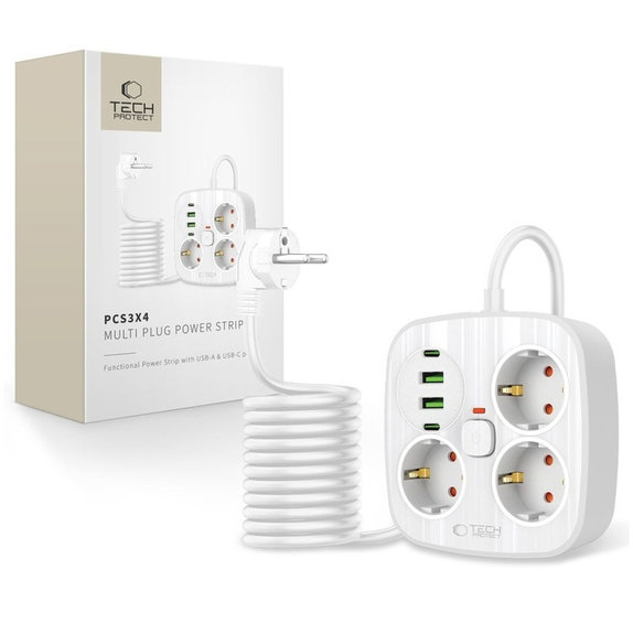Φορτιστής δικτύου PCS3X4 Power Strip 2 USB & 2 USB-C & 3 Socket 200cm, λευκή, Tech-Protect
