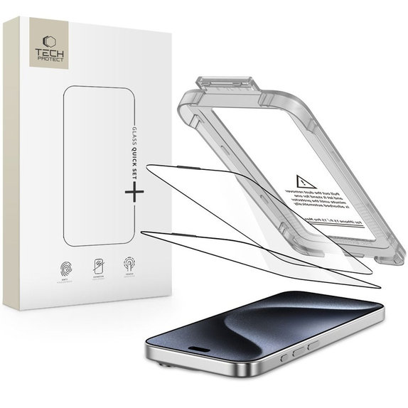 Σκληρυμένο γυαλί Quick Set+ 2-PACK για iPhone 15 Pro, μαύρη, Tech-Protect