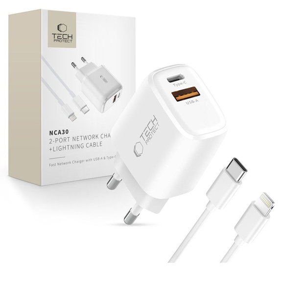 Φορτιστής δικτύου NCA30 2-PORT PD 30W / QC3.0 + Lightning Cable, λευκή, Tech-Protect