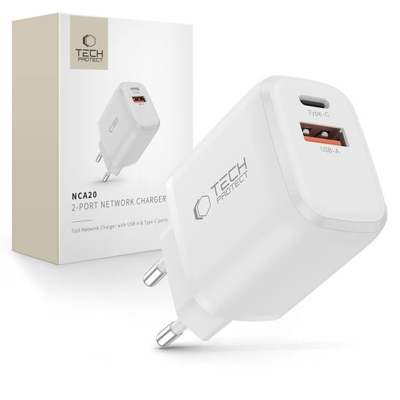 Φορτιστής δικτύου NCA20 2-PORT PD 20W / QC3.0, λευκή, Tech-Protect