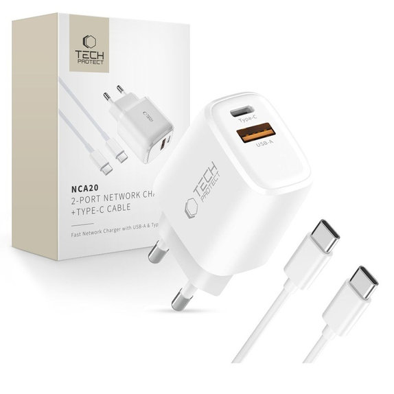 Φορτιστής δικτύου NCA20 2-PORT PD 20W / QC3.0 + USB-C Cable, λευκή, Tech-Protect