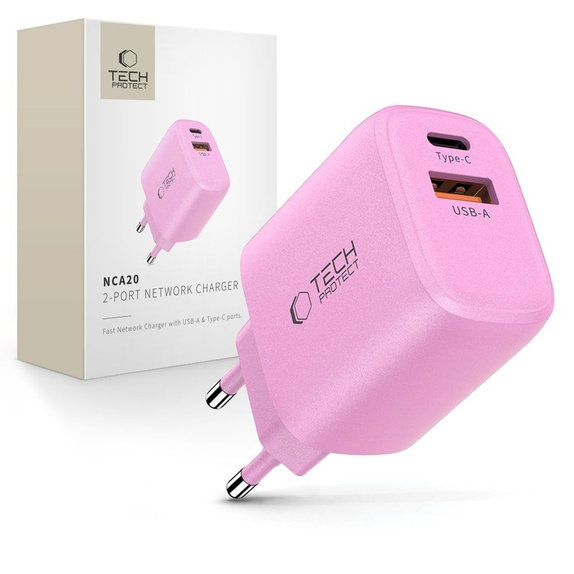 Φορτιστής δικτύου NCA20 2-PORT PD 20W / QC3.0, Baby Pink, Tech-Protect