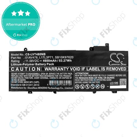Μπαταρία για Lenovo ThinkPad T480S, 4600mAh, Li-Pol, 11.58V, 01AV478, HQ
