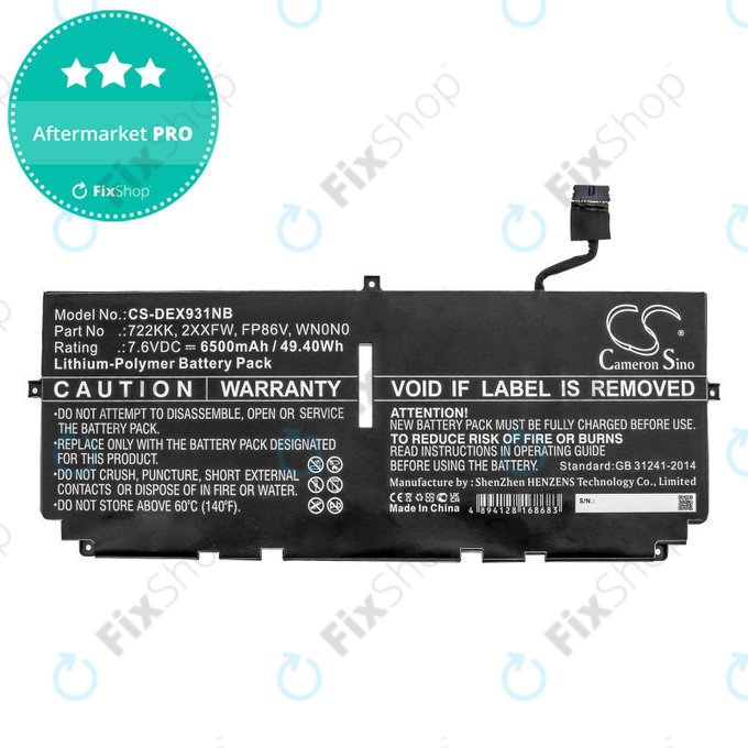 Μπαταρία για Dell XPS 13 9300, 9380, 9310, 6500mAh, Li-Pol, 7.6V, 2XXFW, HQ